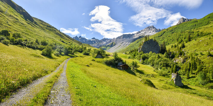 hiking route through green Gafiertal valley, Schlangenstein rock. landscape grison St Antonien