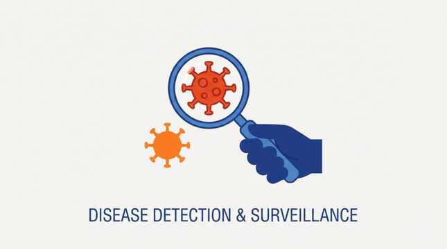 Medical professional hand holding a magnifying glass to inspect a virus cell icon for disease detection and health surveillance in a flat vector style