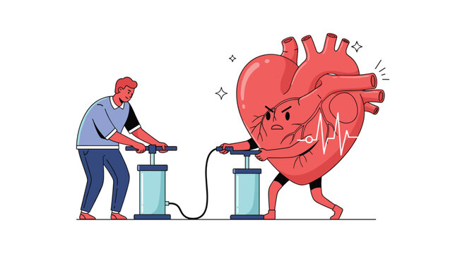 Young man and a giant cartoon heart work together to pump air using manual pumps on a white background.