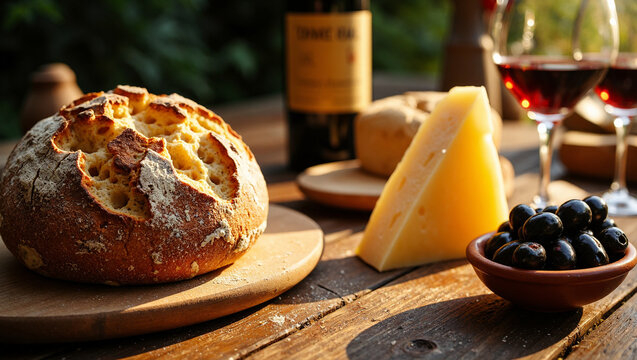 Traditional Italian Pane di Altamura sourdough bread with yellow durum wheat semolina crumb, served on a rustic wooden table with black olives, cheese, and red wine.