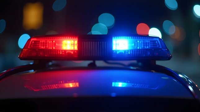 High resolution photo of police car siren lights glowing red and blue at night. Ideal for emergency services law enforcement crime reporting and public safety news articles.