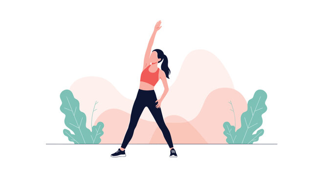 Young athletic woman doing side stretch exercise during training workout in a park with pastel colored background.