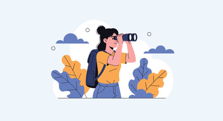 Obraz premium Female traveler with backpack looking through binoculars represents hiking tour, bird watching, searching target, and discovery.
