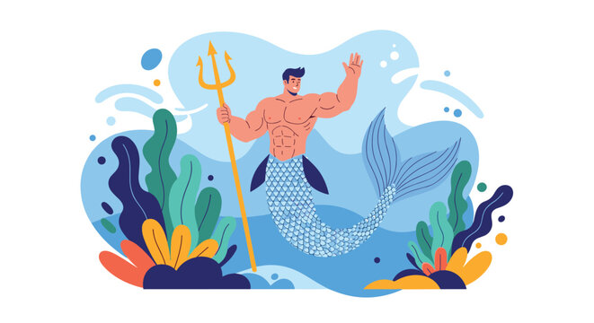 Mighty merman holding golden trident and waving his hand under sea water represents mythology, ocean fairy tale, and marine life.