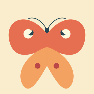 Minimalist geometric butterfly illustration with orange and terracotta wings on a vintage cream background graphic.