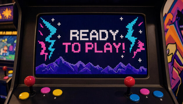 Retro arcade cabinet screen displaying READY TO PLAY with pixel art and neon lightning