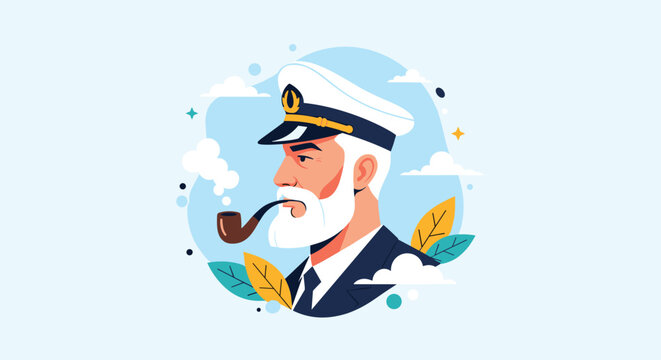 Profile of a mature ship captain wearing a white uniform hat and smoking a tobacco pipe amidst clouds and leaves.
