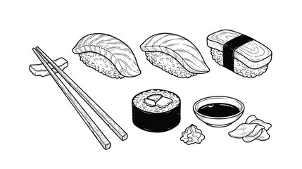 Black and white hand-drawn sushi set with chopsticks and soy sauce © Saim