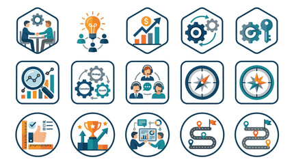 Fototapeta premium Dynamic Business Strategy Icons Set Colorful Illustrations Featuring Gear Charts Compasses Handshakes and Growth Metrics