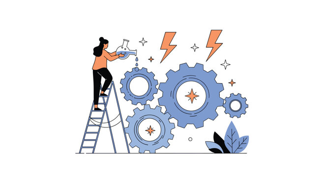 Creative woman standing on a ladder pours a blue liquid from a flask onto moving gears to optimize performance.