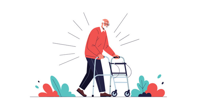 Elderly man in a red sweater walking with a rollator walker helper on a white background with plant elements.