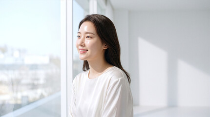 Fototapeta premium Calm Korean Woman Gazing Toward Bright Window Light with Glowing Skin