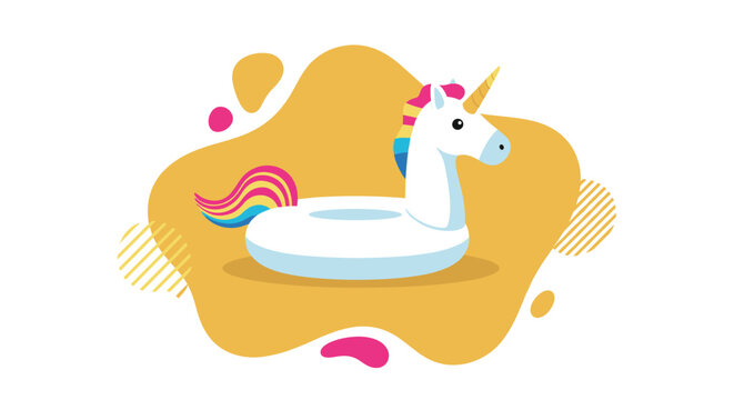 White inflatable unicorn pool float with a colorful rainbow mane and tail over an abstract yellow background.