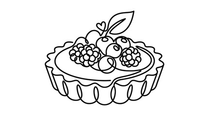 Continuous line drawing of a delicious berry tart with fresh fruit and leaf decoration © chaelrafz