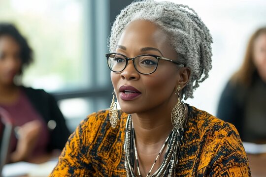 Confident mature black businesswoman with elegant grey dreadlocks actively participates in a professional team meeting.