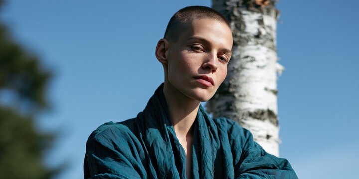 Minimal portrait of an androgynous model with a shaved head leaning on a birch tree for fashion editorial background and portrait banner