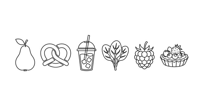 Healthy Food & Drink Icons: Pear, Pretzel, Smoothie, Spinach, Raspberry, Tart