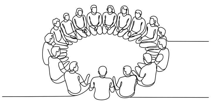 Group of people sitting in a circle for a meeting drawn in a simple continuous single line art style illustration Vector, illustration