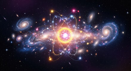 Fototapeta premium Surreal cosmic vista where glittering distant galaxies merge seamlessly with glowing atomic nuclei and electron clouds, showing unity, micro, digital, stars