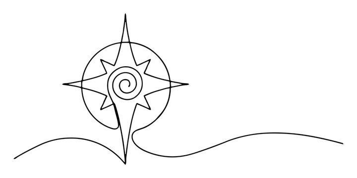 Continuous one line drawing of a compass star symbol isolated on white background Vector, illustration