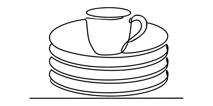 Continuous single line drawing of a cup on a stack of plates Vector, illustration