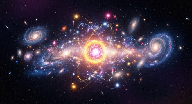 Surreal cosmic vista where glittering distant galaxies merge seamlessly with glowing atomic nuclei and electron clouds, showing unity, micro, digital, stars