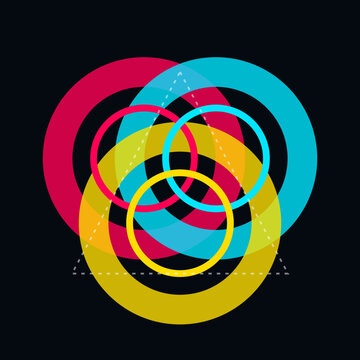 Abstract geometric illustration of interlocking cyan magenta and yellow circles with a dotted triangle background.