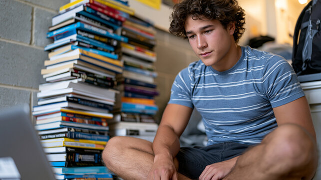 Young male student sitting cross-legged on floor of college dormitory sorting stacked textbooks against cinderblock wall, laptop open to registration portal, expression mixing anxiety and determinat