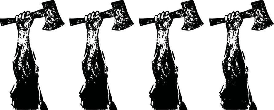 raised fist holding axe black and white powerful worker symbol with repeating pattern, labor and strength concept