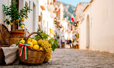 Traditional festive still life with a harvest of white grapes and lemons on a cozy Italian street