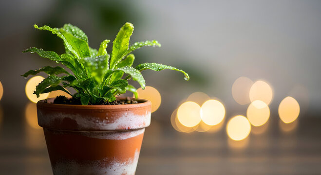 Green fern plant in a terracotta pot with water droplets and soft bokeh lights