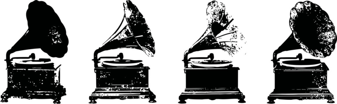 four antique gramophones with large horn speakers in black silhouette isolated on white