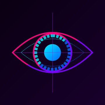 Futuristic digital bionic eye illustration featuring neon pink and blue gradients for machine learning concepts.