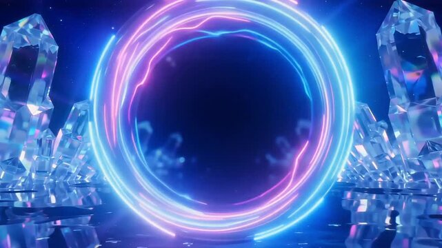 Glowing neon circle portal surrounded by sharp crystal formations in this abstract motion video animation clip