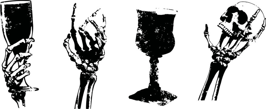 skeleton hands holding and raising different drinking glasses silhouette set