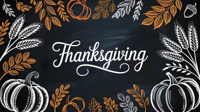Thanksgiving chalkboard background with pumpkins, wheat, and autumn leaves hand drawn harvest illustration for holiday greeting card, invitation, or banner design