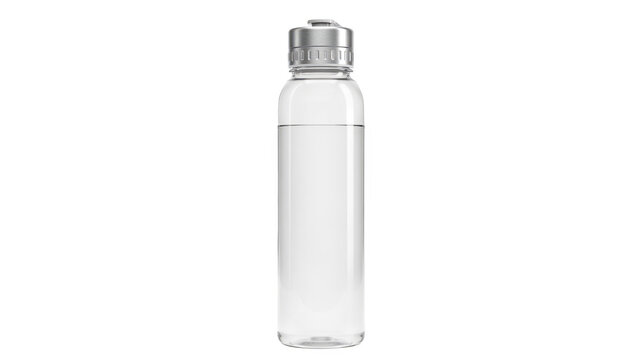 A clear plastic water bottle filled with fresh water, featuring a metallic silver screw cap, standing upright, isolated on a white background