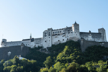Obraz premium Hilltop Stone Fortress With Defensive Walls Above Trees