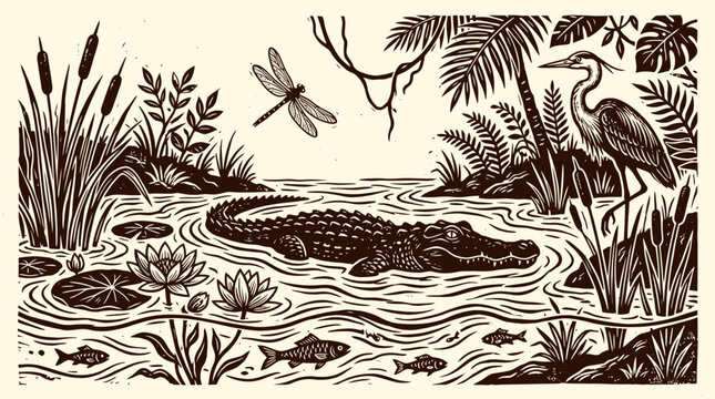 Hand Drawn Illustration of an Alligator and Heron in a Lush Wetland Swamp Scene featuring a Dragonfly and Aquatic Flora