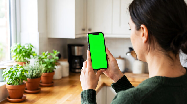 Woman holding mobile phone with green screen mockup in bright modern kitchen, person using smartphone for cooking tutorials, recipe apps or household management tasks at home.
