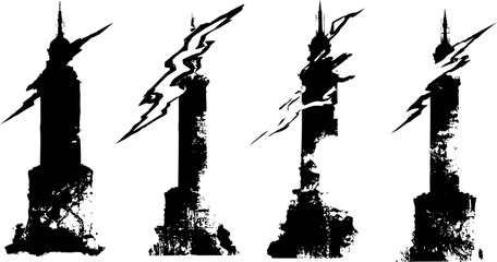 Obraz premium abstract black ink silhouettes of lightning towers with textured brush stroke effects