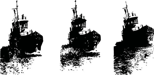 Obraz premium Black tugboat silhouettes with water reflections in a row, nautical maritime shipping vessel art
