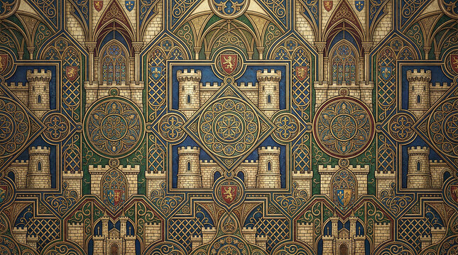 Elaborate medieval castle and heraldic crest pattern in gold and jewel tones.