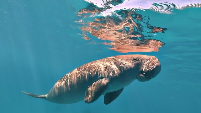Low-angle view beneath a still dugong, Dugong dugon, basking under sunrays near the lagoon surface. Check the gallery for similar footages