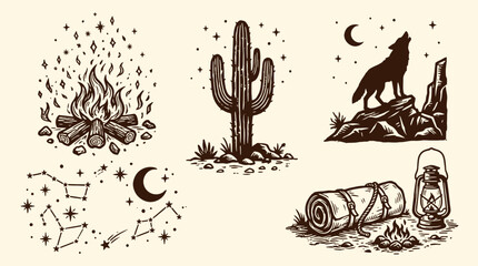 Hand Drawn desert campfire scene with cactus and wolf howling at night © Crushin