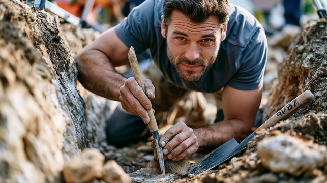 Field archaeologist on hands and knees in chalk-cut excavation trench using wooden pick and soft brush to expose Roman tile fragment, planning frame positioned overhead, context number marked on tro
