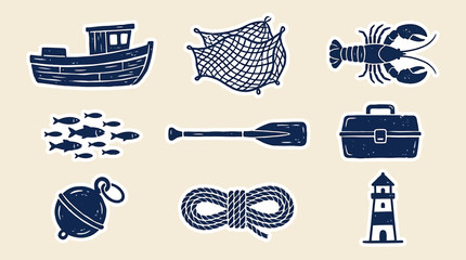 Hand Drawn nautical icons including a boat and lobster on a rope. © Crushin