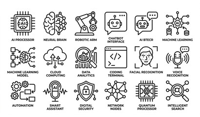 Fototapeta premium Minimal black and white artificial intelligence icons pack with neural network robotics and machine learning symbols vector isolated on white background