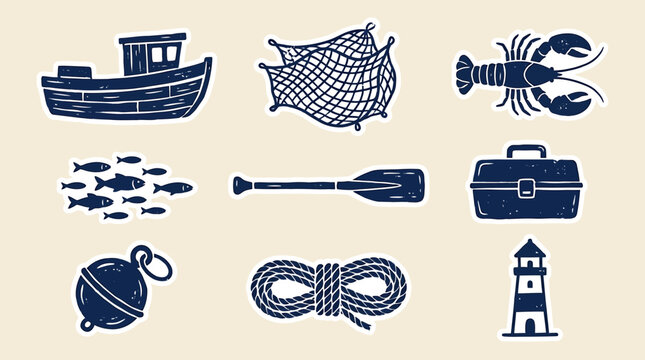 Hand Drawn nautical icons including a boat and lobster on a rope.