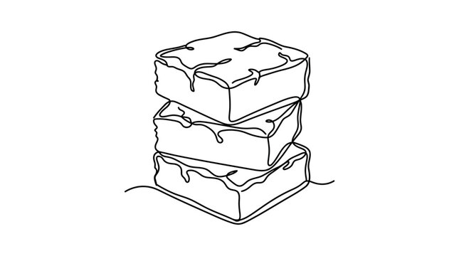 Stack of three delicious chocolate brownies drawn in minimalist continuous line art style.